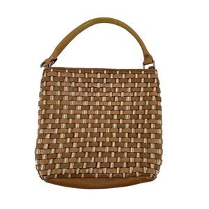 Nine West Vintage Handbag Basket Woven Vegan Leather Brown Top Handle Small Boho